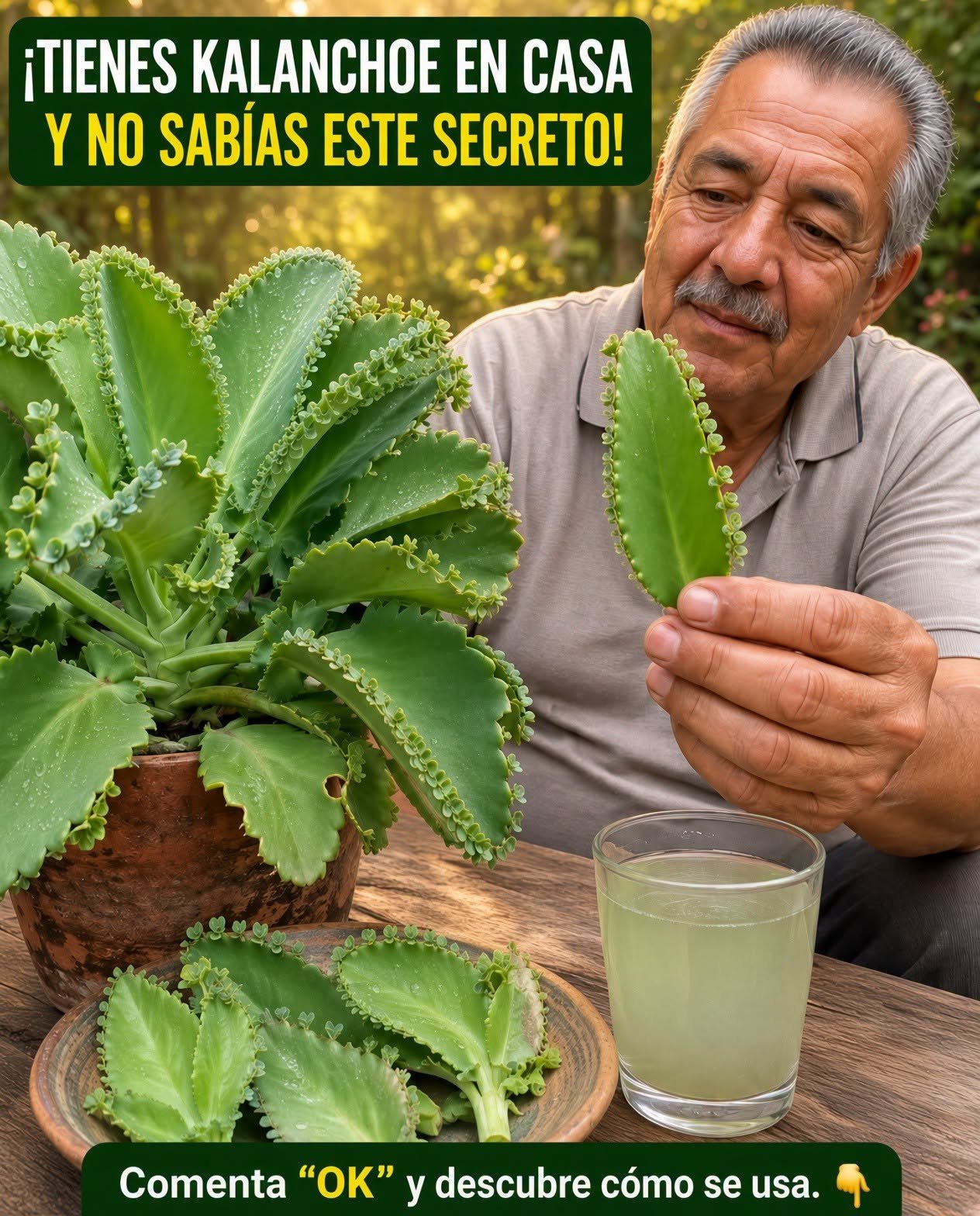 Hoja de Kalanchoe y vaso con líquido verde