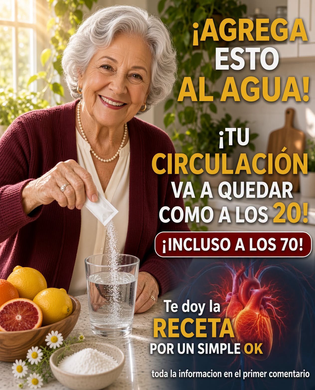 Mujer mayor sonriendo con frutas y un vaso de agua
